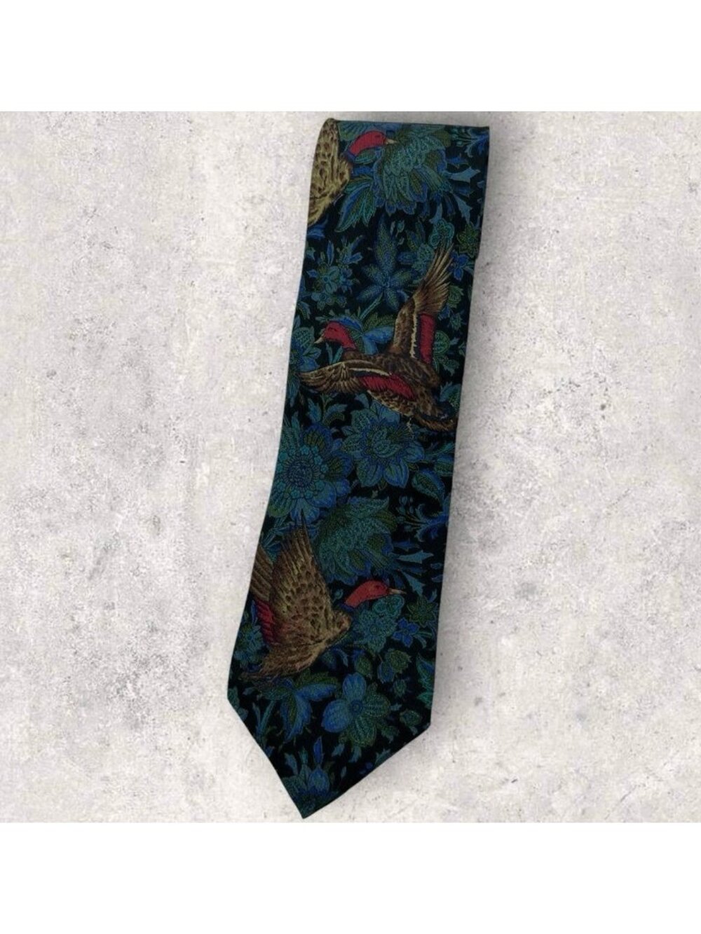KENZO VINTAGE Silk Tie ITALY Black Blue Green Floral Bird W:3.2" EUC